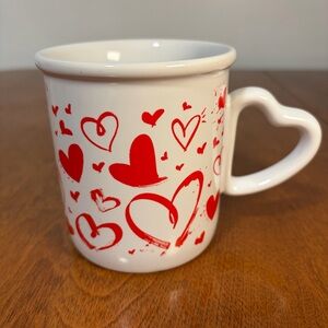 White Ceramic Heart-Handle Mug with Red Heart Pattern